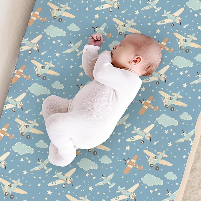 Clouds Plane Stars Pattern Baby Changing Pad Cover, Unisex Plane Nursery Diaper Changing Table Pad Mat Sheet for Boys Girls-16x32