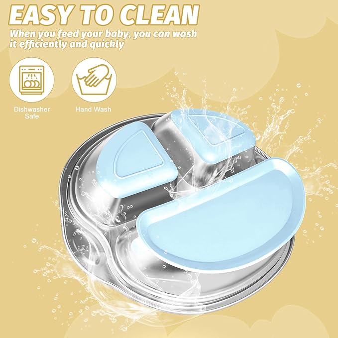 304 Stainless Steel Baby Plates Suction Plates for Baby Stainless Steel Plates for Kids with Suction Divided Designed for Feeding Children（Blue）