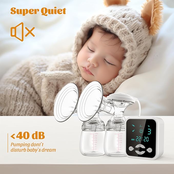 Lulia Double Electric Breast Pump, Anti-Backflow & LED Display, Breastfeeding Pump 4 Modes & 9 Levels, Portable Breast Pumps with 24mm Flange, White-2P