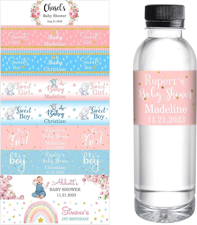 Personalized Water Bottle Labels for Baby Shower Custom Baby Shower Labels with Name for Water Bottle Stickers Waterproof Printable Photo Bottle Labels Gifts 50 Pcs