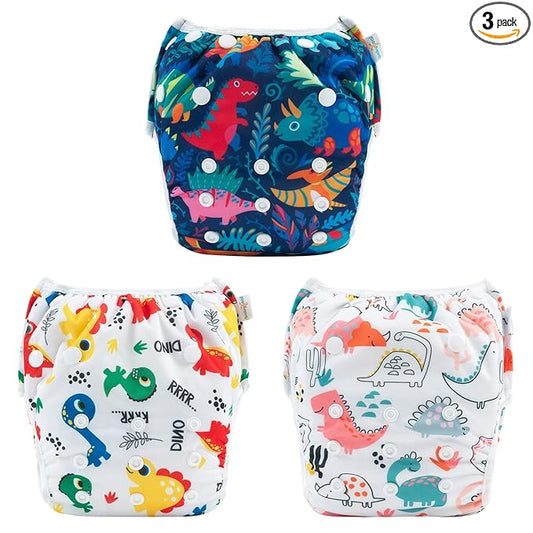 Babygoal Baby Swim Diapers 3 Pack for 0-8 Months Infant Girls and Boys, Reusable Adjustable Washable for Swimming Lessons-Dinosaurs