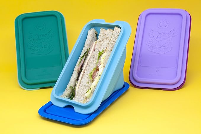 Collapsible Silicone Sandwich Container with Lid, Wedge Shape, Yellow, by Marcus & Marcus