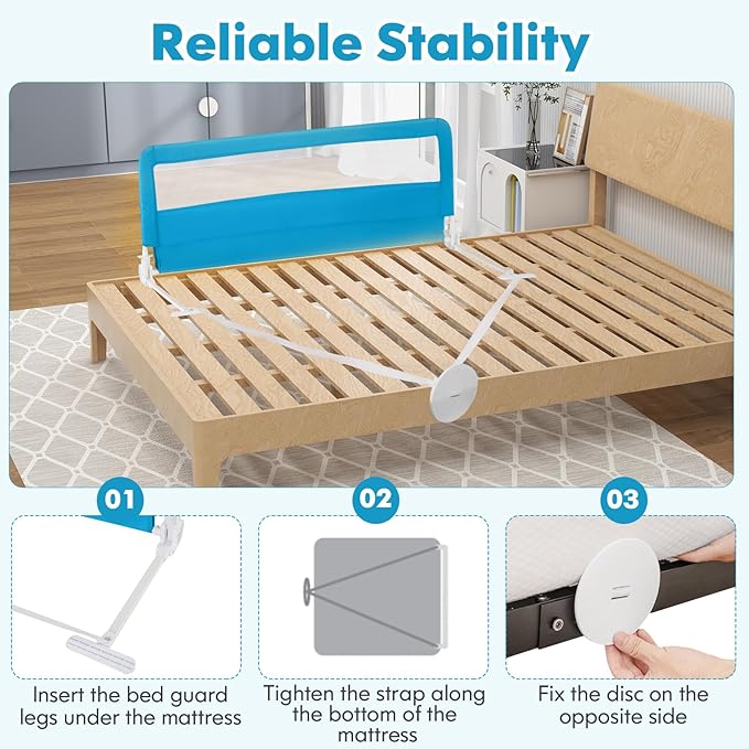 Costzon Bed Rail for Toddlers, 2 PCS Extra Long Swing Down Safety Bed Guards w/Straps for Convertible Crib, Kids Twin, Double, Full Size, Queen & King Bed, Folding Bed Rails for Baby (59-Inch, Blue)