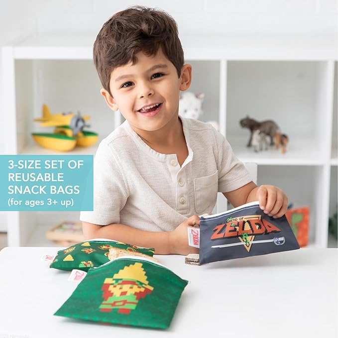 Bumkins Nintendo The Legend of Zelda Sleeved Bib and Snack Bag Set – Waterproof Feeding Bib for Ages 6–24 Months and Reusable Sandwich and Snack Bags for Kids 3+