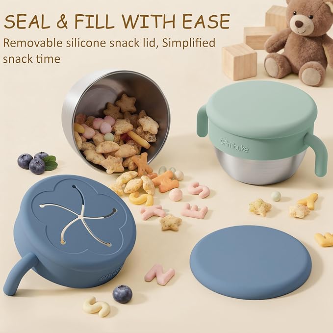 Fimibuke Snack Containers for Toddlers Kids, 12 OZ Spill Proof Stainless Steel Baby Snack Cups with Removable Silicone Food Catcher, Handles & Travel Lid BPA-Free Dishwasher Safe Food Container 2 Pack