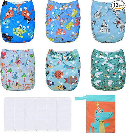 TDIAPERS Cloth Diapers Reusable Washable Pocket Diapers Cover One Size Adjustable for Baby Snaps Cloth Diapers Nappy 6 Pack with 6 Pcs Microfiber Inserts,1 Wet Bag