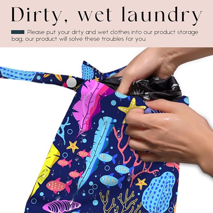 Wet Bag, Wet Dry Bag, Waterproof Swim Bags, Machine Washable Reusable Bags for Beach, Pool, Diapers, and Dirty Yoga Gym Clothes(Colorful Coral Reef Fish Starfish Print