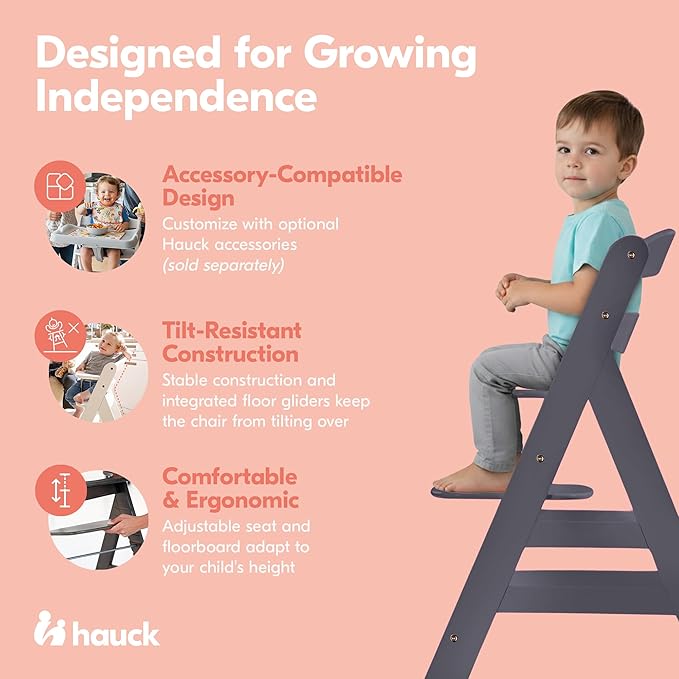 hauck Alpha+, Dark Grey - Wooden High Chair Made of Beech for Children from 6 Months up to 90 kg - Includes 5-Point Strap, Crotch Strap, Protective Bar - Compatible with Many Accessories