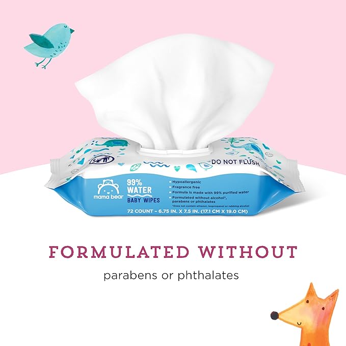 Amazon Brand - Mama Bear 99% Water Baby Wipes, Hypoallergenic,formulated without Fragrance, 72 Count