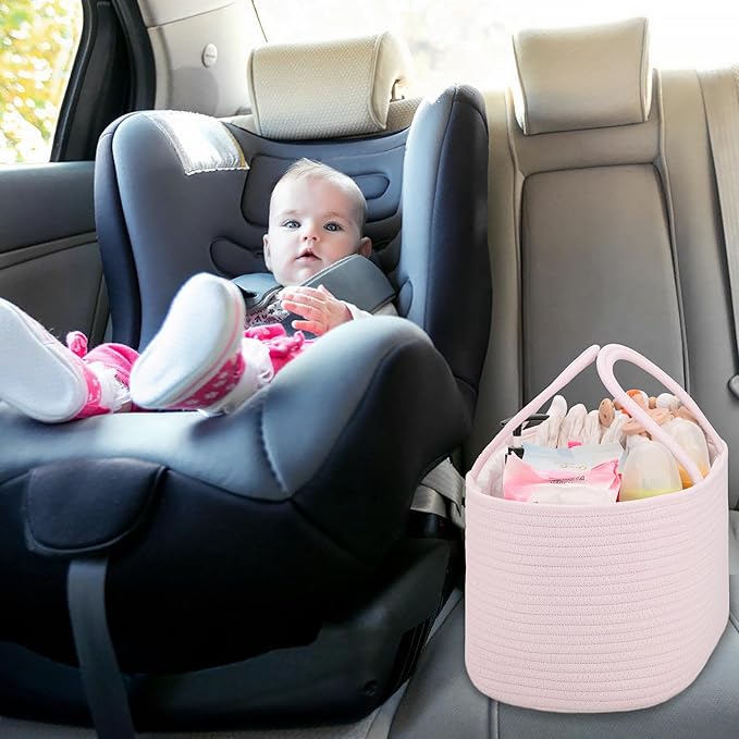 COMSE Large Baby Diaper Caddy Organizer for Girl Boy, Car Caddy with Handles, Cotton Rope Basket for Changing Table, Nursery Organizer, Gift for Baby Shower and Registry Must Have, Light pink