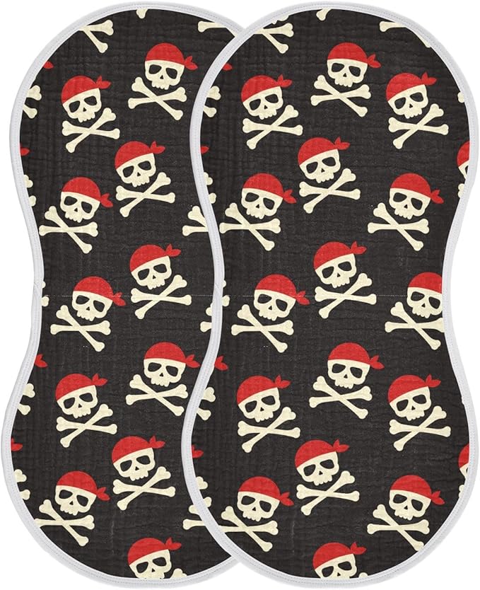 Muslin Burp Cloths for Baby Boys and Girls - 2-Pack Ultra Absorbent Pirate Skull Muslin Washcloths, Newborn Towel, Milk Spit Up Rags, Burp Cloth Bibs for Unisex, 22 x 11 Inch