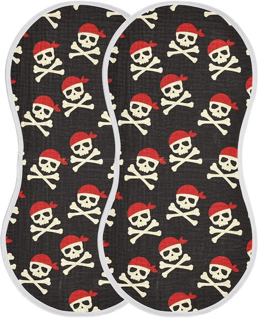 Muslin Burp Cloths for Baby Boys and Girls - 2-Pack Ultra Absorbent Pirate Skull Muslin Washcloths, Newborn Towel, Milk Spit Up Rags, Burp Cloth Bibs for Unisex, 22 x 11 Inch