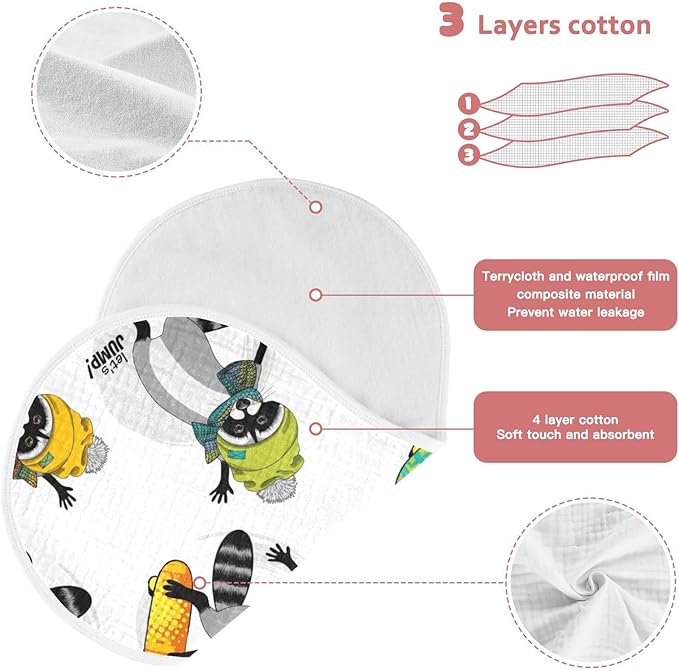 Raccoon and Skateboard Pattern Muslin Burp Cloths for Baby 1 Pack 100% Cotton Baby Washcloths Bibs for Boy Girl