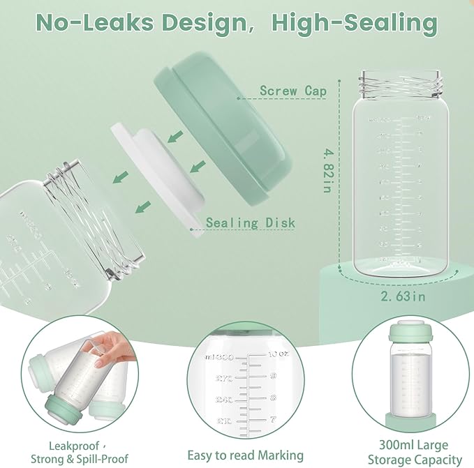 4pcs Breast Milk Storage Bottles 10oz/300ml Compatible with Spectra S1 S2 9 Plus,Motif Luna/Ameda MYA/Bellababy Pumps, Wide-Neck Collection Bottle Container for Momcozy 22oz Portable Cooler