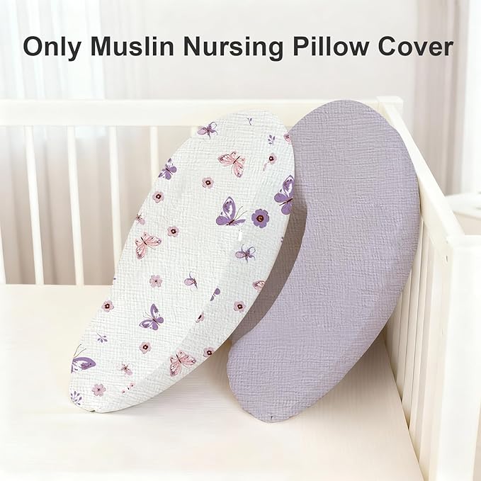 Little Grape Land Muslin Nursing Pillow Covers 2 Pack, 100% Cotton Removable Breastfeeding Pillow Covers, Feeding Pillow Slipcovers for Baby Boys & Girls, (Purple Butterfly & Purple)