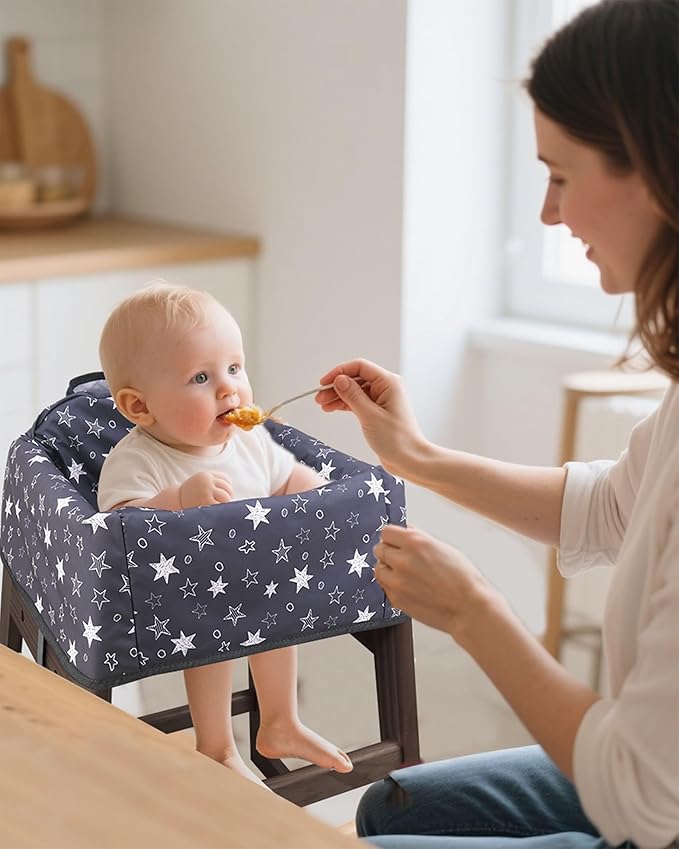 Baby High Chair Cover Restaurant with Strap Pads & 3-Point Harness, Machine Washable, Waterproof Portable Highchair Covers for Eating, Travel, Home Use - Fits Wooden Chairs, Grey Stars