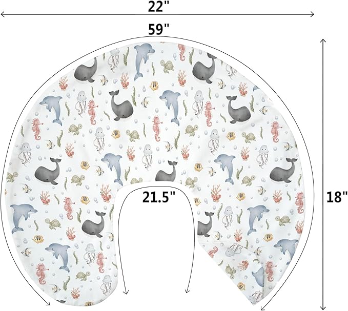 Watercolor Sea Animals Baby Nursing Pillow Covers for Boy Girl Whale Dolphin Turtle Jellyfish Coral Nursery Pillowcase for Breastfeeding Pillows Ocean Marine Soft Stretchy Slipcover for Newborn Infant