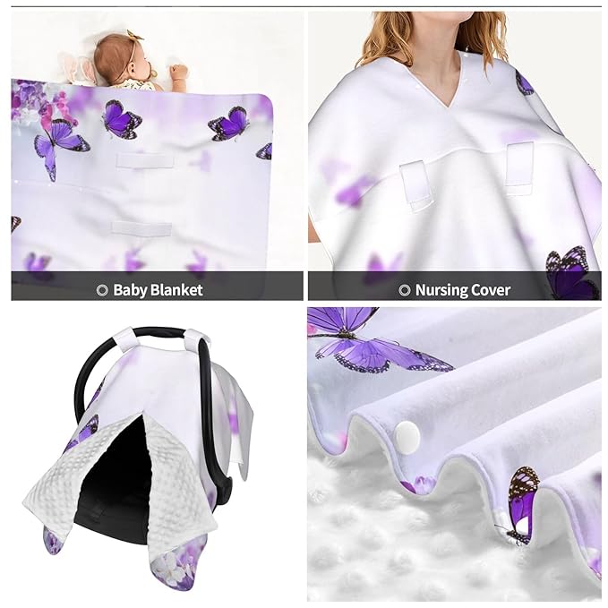 KiuLoam Blue Hydrangeas Flowers and Butterfly Baby Car Seat Canopy, Nursing Cover Breastfeeding Scarf, Stretchy Soft Breathable Infant Carseat Cover for Babies Boys Girls