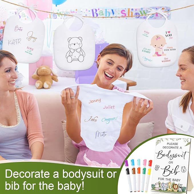 Roowest 35 Pcs Baby Shower Bibs Games Design Wooden Baby Shower Party Game Sign DIY Bodysuit Sign 15 White Blank Bibs 9 Bodysuit 10 Markers for Party Supplies(Jungle)