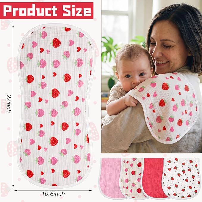 Hahafelt 4 Pcs Strawberry Baby Burp Cloths 100% Cotton Absorbent & Soft Burping Cloth Newborn Towel 2-in-1 Large Size Baby Spit up Burping Rags Set for Boys and Girls Infant Newborn