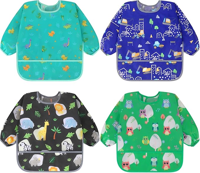 Accmor 4 Pack Long Sleeve Bibs, Baby Smock Waterproof Sleeved Bib Smock for Baby Toddler 6-36 Months