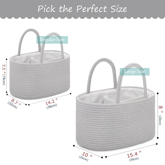 COMSE Large Baby Diaper Caddy Organizer for Girl Boy, Car Caddy with Handles, Cotton Rope Basket for Changing Table, Nursery Organizer, Gift for Baby Shower and Registry Must Have, Cool Gray