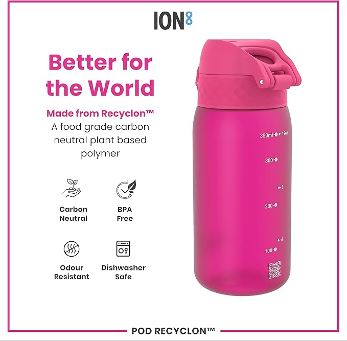 Ion8 Small Water Bottle, 350 ml/12 oz, Leak Proof, Easy to Open, Secure Lock, Dishwasher Safe, BPA Free, Carry Handle, Hygienic Flip Cover, Easy Clean, Odor Free, Carbon Neutral, Hot Pink