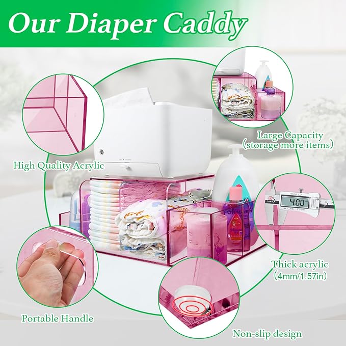 NANYEZH Acrylic Diaper Caddy, Baby Wipes Organizer for Changing Table, Dresser Top Tabletop Organizer with 4 Detachable Compartments, Anti-slip Rubber Feet, Newborn Baby Essentials, Red