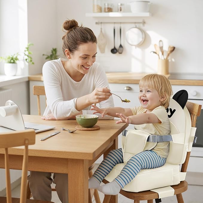 Booster Seat for Dining Table, Toddler Booster Seat for Dining Table, Kids Boys Girls Portable PU Waterproof Travel Baby Boosters Increasing Cushion with Backrest and Adjustable Strap (White, Onesize)