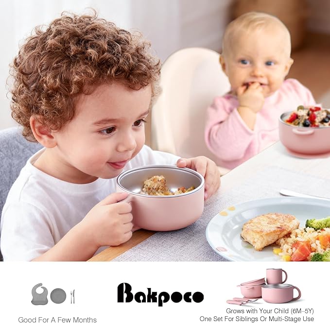 Bakpoco Kids Dinnerware Set - 6 Piese Toddler Plates and Suction Bowls Set with Kids Utensils&Cup, 2 IN 1 Stainless Steel & Silicone Baby Self Feeding Supplies, Blush