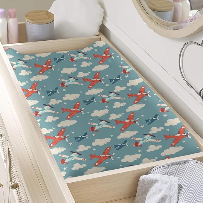 Cartoon Plane Stars Clouds Pattern Baby Changing Pad Cover, Unisex Plane Nursery Diaper Changing Table Pad Mat Sheet for Boys Girls-16x32
