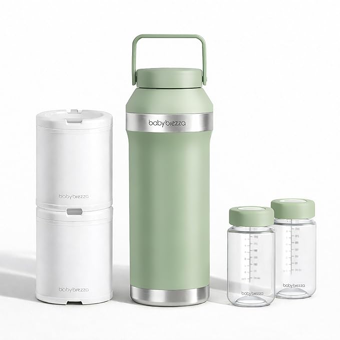 Baby Brezza All Day Portable Breastmilk Cooler, Large 20z Capacity, Insulated Travel Bottle Includes 2 Ice Packs + 2 Bottles, Sage Green