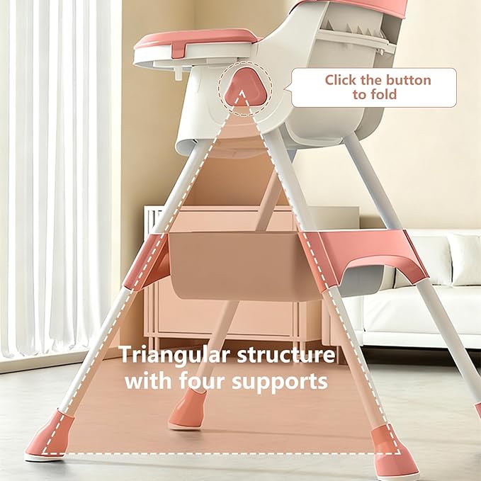 Foldable 4-in-1 Baby High Chair for Babies & Toddlers, High Chair with Detachable PU Cushion, Removable Tray, Adjustable Height, Locking Wheels,Pink
