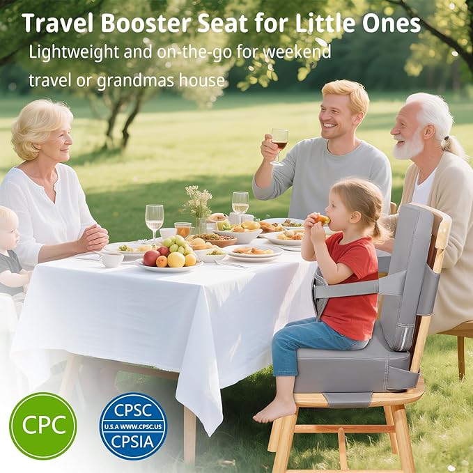 Toddler Booster Seat for Kitchen Chair with Removable Backrest & Adjustable Straps, PU Portable Waterproof & Non-Slip Booster Seat for Dining Table, Travel Child Eating Cushion-Light Grey