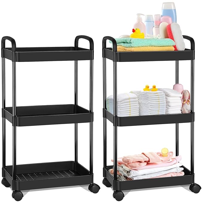 Barydat Baby Diaper Cart 3-Tier Movable Diaper Caddy Organizer Rolling Plastic with Wheels Black Essentials Baby Storage Organizer for Hanging Table Crib Bedroom Bathroom