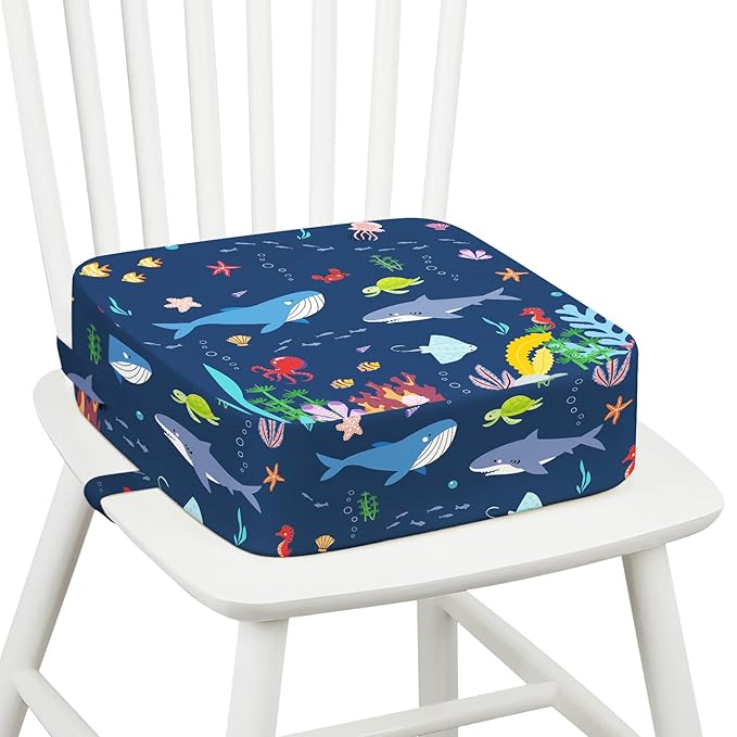 Toddler Booster Seat for Dining Table Kitchen Chair, Kids Booster Seat with Non-Slip Bottom and Adjustable Straps, 4" Detachable Washable Portable Travel Increasing Cushion (Undersea World)