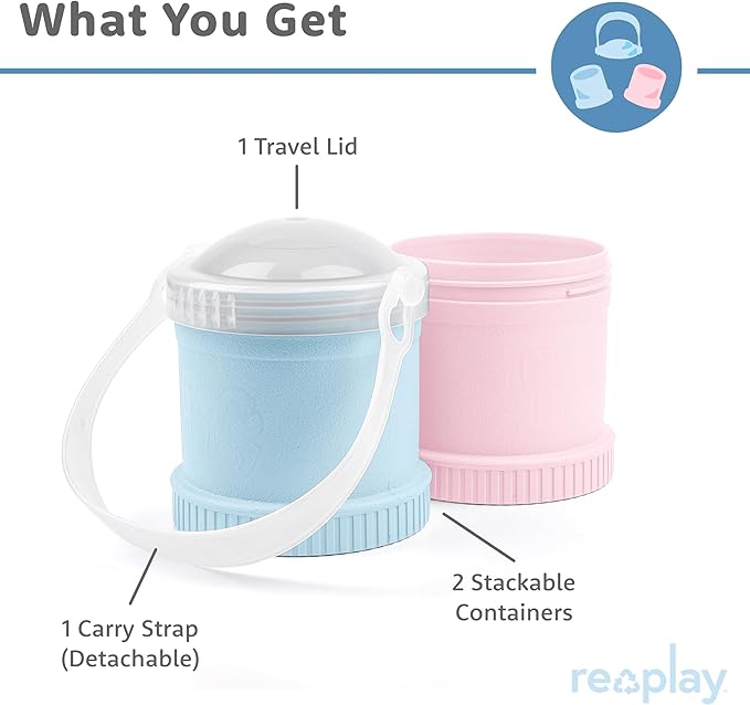 Re-Play Snack Stack Toddler Containers, 2 Sets - Stackable Cups with Travel Lid & Strap for On-the-Go, BPA-Free, Made in USA, Ice Pink/Ice Blue