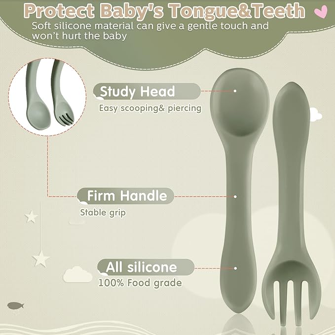 Nuenen 6 Pieces Silicone Baby Feeding Forks and Spoons Set Hot Safety First Stage Self Feeding Supplies Mini Kids Utensils for over 6 Months Babies Boy Girl Toddlers First Foods (Neutral Color)