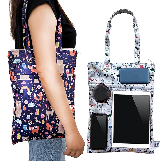 FLOCK THREE 2PCS Bundle Wet Dry Bag Waterproof Tote Reusable Wet Clothes Baby Diapers Stroller Swimsuit Travel Small Larger Electronics Toiletries Pouch Dinosaur and cute Animals