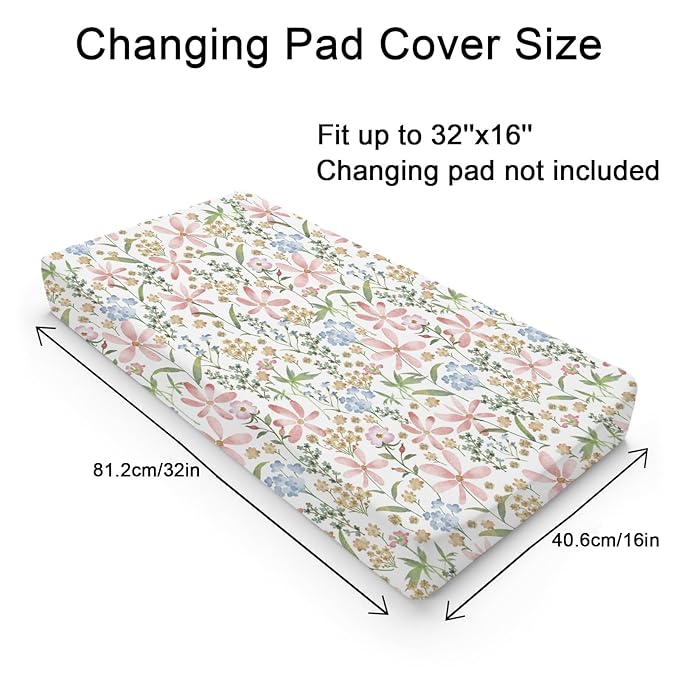 Boho Floral Changing Pad Covers for Boy Girl 32''x16'' Watercolor Wild Flowers Fitted Diaper Change Table Sheets Colorful Spring Nature Plants Art Soft Breathable Nursery Changing Table Cover Mats
