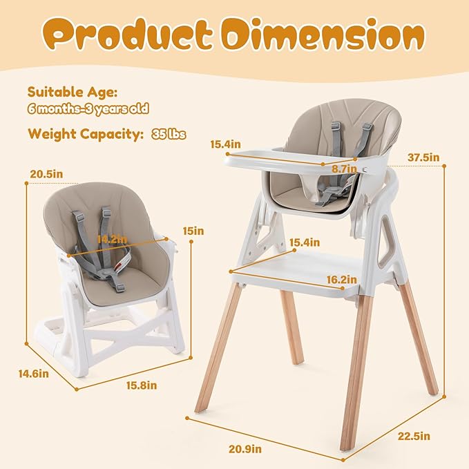 Baby High Chair, 4 in 1 Wooden Convertible High Chair for Babies and Toddlers with Erase Board, Highchair for Baby & Toddler, 5-Point Safety Belt & Waterproof PU Cushion (Beige)