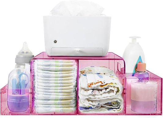NANYEZH Acrylic Diaper Caddy, Baby Wipes Organizer for Changing Table, Dresser Top Tabletop Organizer with 4 Detachable Compartments, Anti-slip Rubber Feet, Newborn Baby Essentials, Red