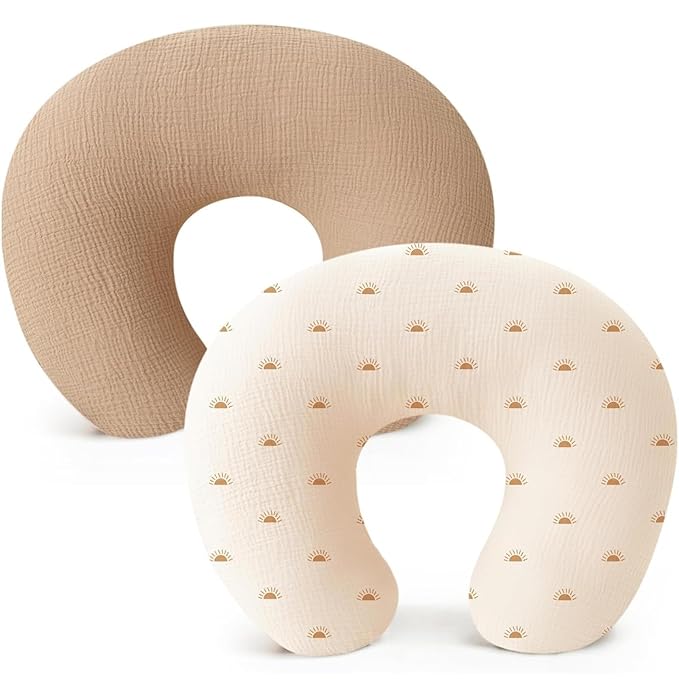 2 Pack Newborn Muslin Nursing Pillow Covers Soft Nursing Cover for Breastfeeding Pillow Slipcover for Baby Girls Boys (Light Brown+Sun)