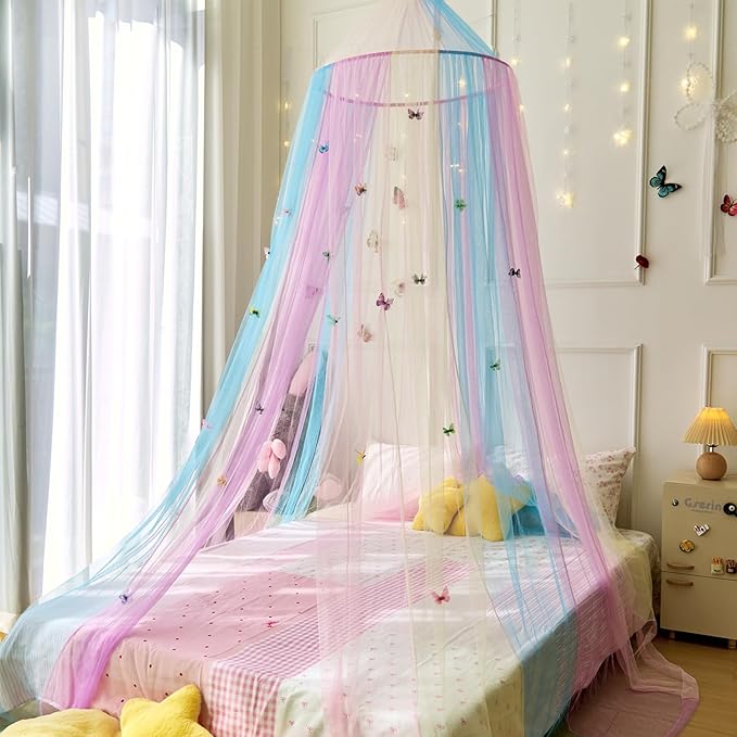 Rainbow Bed Canopy with Butterflies for Girls,Breathable Canopy Bed Curtain for Bed,Princess Play Tent for Kids Room Reading Nook