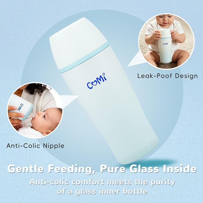 COMI Glass Baby Bottle, Includes Insulated Stainless Steel Sleeve, Newborn Anti-Colic Baby Bottle with Slow Flow Nipple, Leak Proof Insulated, Plastic-Free, BPA-Free, 0-3 Months, 8 oz