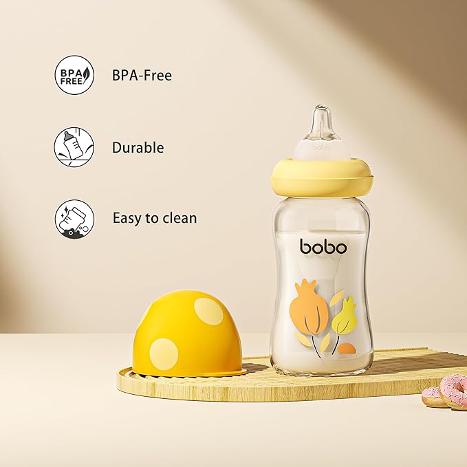 YOHKOH Natural Glass Baby Bottle with Level 1 Slow Flow Nipple, Newborn Anti-Colic Baby Bottles, Wide Neck Mushroom Baby Glass Bottle (Yellow, (5.4oz (Pack of 4))