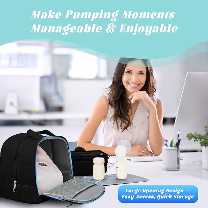 Breast Pump Bag with Insulated Cooler, Double-Layer Pumping Bag for Work & Travel, Fits Most Electric Breast Pumps, Includes 10 Ice Packs & Waterproof Mat, Detachable Bottle Cooler Tote, Black