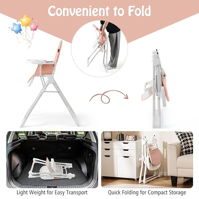 BABY JOY Foldable High Chair, Portable Highchairs for Babies and Toddlers with 3-Position Adjustable Tray & Footrest, Removable Seat Cushion, 5-Point Safety Harness, Space Saving Design (Pink)