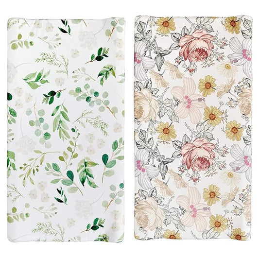 Stretchy Changing Pad Cover – Ultra Soft Diaper Changing Pad Table Sheets for Girls Boys Pure Cotton Safe and Snug Cradle Sheets Machine Washable Fit 32"/34'' x 16"Pad (Green Leaf + Flower)…
