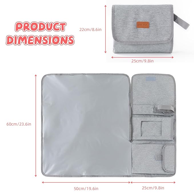 Portable Changing Pad for Travel, Waterproof & Wipe-Clean Changing Mat with Storage Pocket, for Diaper Bag,Grey
